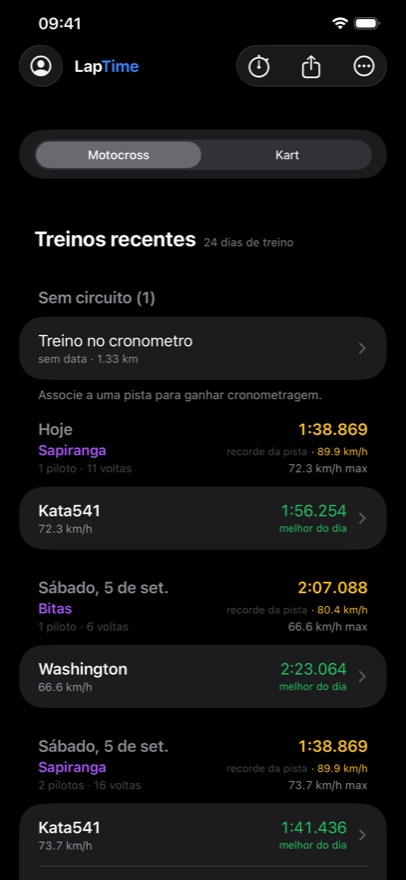 Tela de treinos recentes do aplicativo, com os tempos de volta de cada piloto e o recorde da pista em destaque