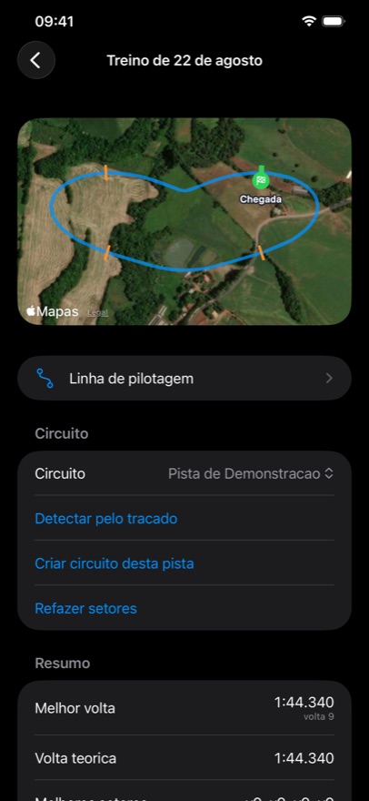 Um treino no mapa, com o tracado percorrido sobre a imagem de satelite da pista