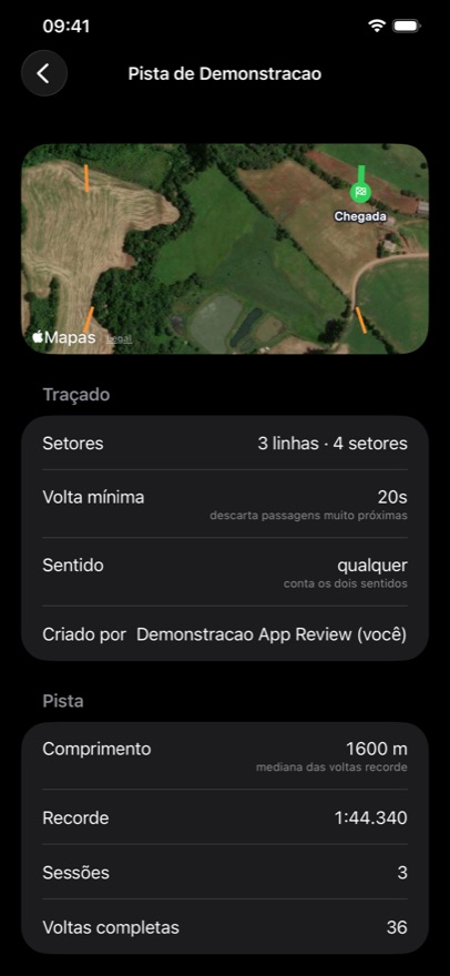 Ranking de um circuito no aplicativo, com os pilotos ordenados pelo melhor tempo