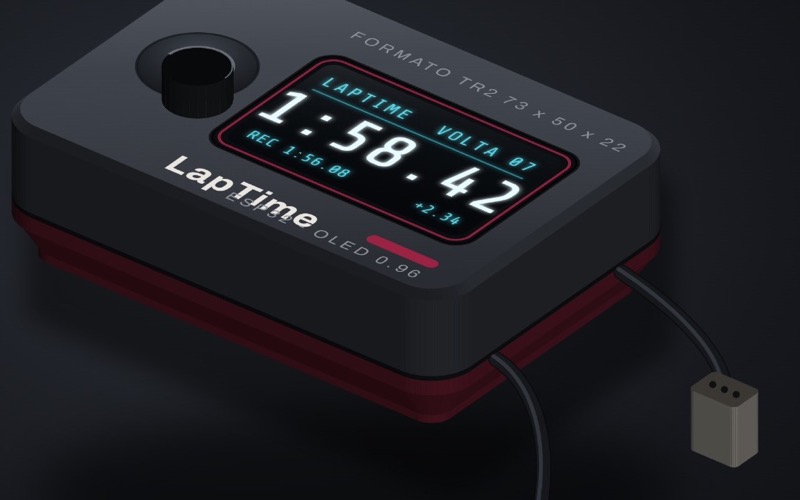 Desenho do LapTime SP-1: corpo preto do tamanho de um transponder, com mostrador mostrando o tempo da volta e dois rabichos de ligação